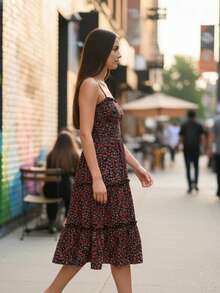 Vestido corto floral con tirantes delgados y escote recto, estampado floral en tonos rojos sobre fondo oscuro le da un toque romántico y versátil, perfecto para usar en salidas casuales, citas o vacaciones,fresco calor día noche playa jardín comida  calle diario cumpleaños outfit lo más vendido. - Rojo y negro - Ver 3