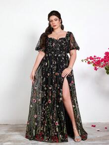 口袋，新款，心形领，刺绣，蕾丝，泡泡袖，贴花，开衩，大裙摆，高端，晚礼服，适合，舞会，婚礼，派对礼服，婚礼宾客礼服，晚礼服，黑色半身裙 - 黑色 - 查看 1