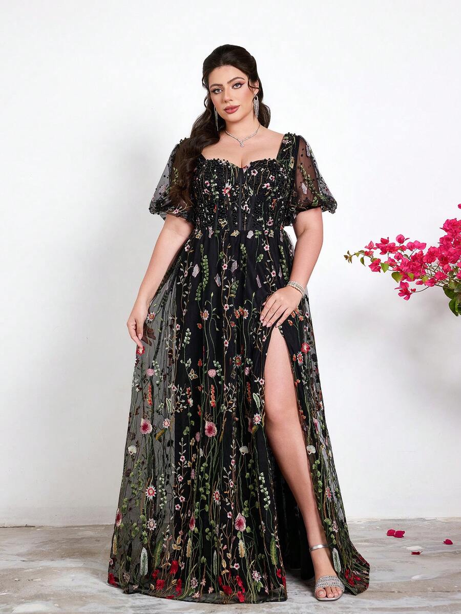 口袋，新款，心形领，刺绣，蕾丝，泡泡袖，贴花，开衩，大裙摆，高端，晚礼服，适合，舞会，婚礼，派对礼服，婚礼宾客礼服，晚礼服，黑色半身裙 - 黑色 - 查看 1