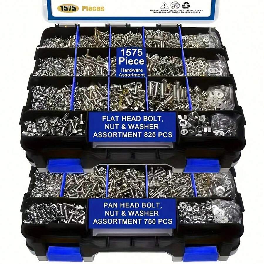 1575pcs Stainless Steel Hardware Assortment Kit - Pan/Flat Head Bolts With Nuts Washers & Organizer Box - Blue - View 1