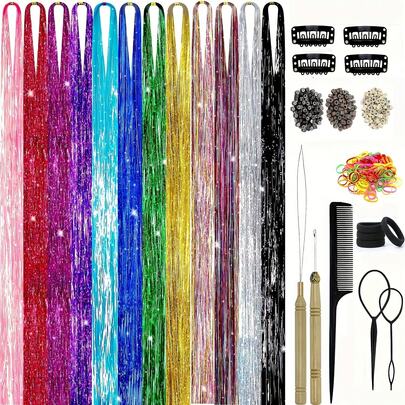 12 Colors 2400 Strands Hair Tinsel Kits Glitter Hair Extensions With Tool 48 Inch Fairy Hair Tinsel Kit With Tools Sparkling Hair Extensions For Women & Men, Includes Accessories
