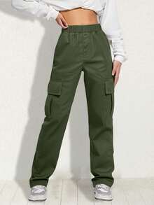 1pc Tween Girls' Fashionable Casual Solid Color Loose Cargo Pants With Multiple Pockets, Comfortable For Spring & Autumn - Army Green - View 4