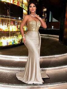 CHOSMO Plus Size Women's Shiny Bandage Elegant Party Dress, Gold Mature Romantic Minimalist Sequin Backless Sequin Splice Ribbon Beach Evening Date Wedding Party Birthday Anniversary Graduation Party Family Holiday Date Cocktail Gift Music Festival Formal Gala Wedding Guest Graduation Prom Single Party Travel Stage And Concert Dress, Valentine's Day - Gold - View 9