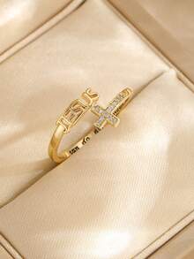 1 pieza Anillo abierto de cruz de Jesús vintage, joyería religiosa cristiana, regalo de protección de oración para amigos - Multicolor - Ver 7