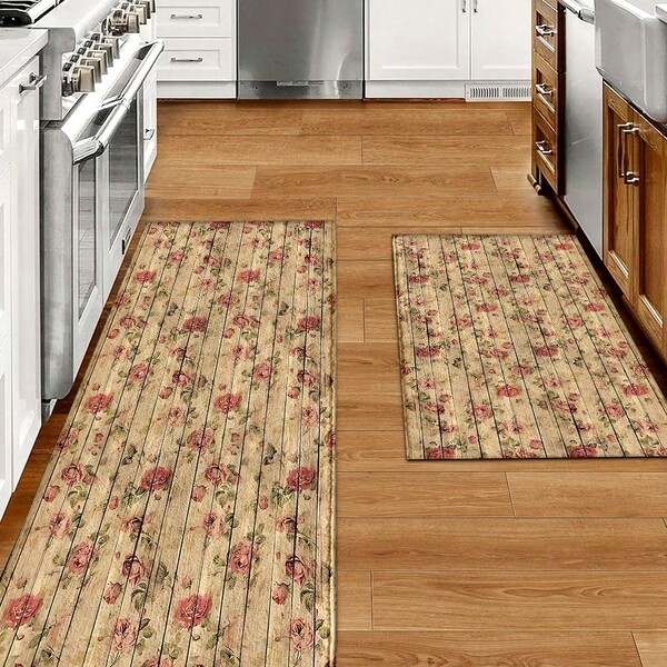 1 قطعة سجادة مطبوعة بنمط زهري وبنية الخشب، حصيرة صوفية مقلدة - عالية الامتصاص، سهلة التنظيف، مناسبة لديكور المنزل، المزرعة، المدخل، الداخلي، الغرفة، المطبخ، غرفة الطعام، المكتب المنزلي الصغير، البالوعة، غرفة الغسيل، حصيرة الباب، حصيرة المطبخ، حصيرة مضادة للانزلاق