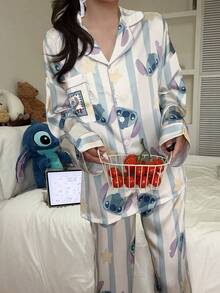 2pcs Disney Stitch Print Cotton Pajama Set, Long Sleeve, Spring/Autumn - Dusty Blue - View 8