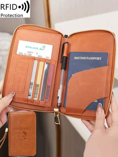 MIYIN RFID Blocking Passport Holder Card Case With Card Slots And ID Window, Solid Color PU Leather Airplane Pattern Portable Passport Wallet/Document Holder/Credit Card Organizer, Multifunctional Zipper Phone Travel Passport Wallet, Unisex With Wrist Strap, Suitable For Travel, Overseas, Business, Green Passport Holder/Passport Cover/Passport Bag/Travel Accessories/Back To School Supplies