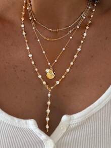 4件套时尚简约优雅仿珍珠海星贝壳Y形项链套装，适合女性度假、派对、节日、生日、日常佩戴 - 金黃色 - 查看 8
