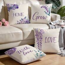 4pcs Minimalist Purple Floral & Text Pattern Pillow Covers, Single-Sided Printed Cushion Covers, Suitable For Living Room, Bedroom, Home Decor, All Seasons - Multicolor - View 11