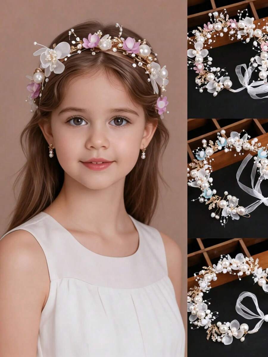1件花童头饰，韩式公主森林风花冠头饰，适合婚礼、派对、正式仪式发饰，花环头箍仿珍珠发带，甜美欧式婚礼少女头饰 - 彩色 - 查看 1
