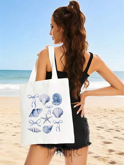 Star Fish & Shell Pattern Canvas Tote Bag, Color-Fast Shopping Bag, Multipurpose Double-Sided Printed Handbag, Personal Item Storage Bag, Gift For Friends, Gift For Ocean Lovers, Birthday Gift, Holiday Gift - Casual Style, Hand Wash Or Dry Clean, Beige, Canvas, Fixed Shoulder Strap, No Buckle Closure, No Lining, Spot Printing, No Edging Paint