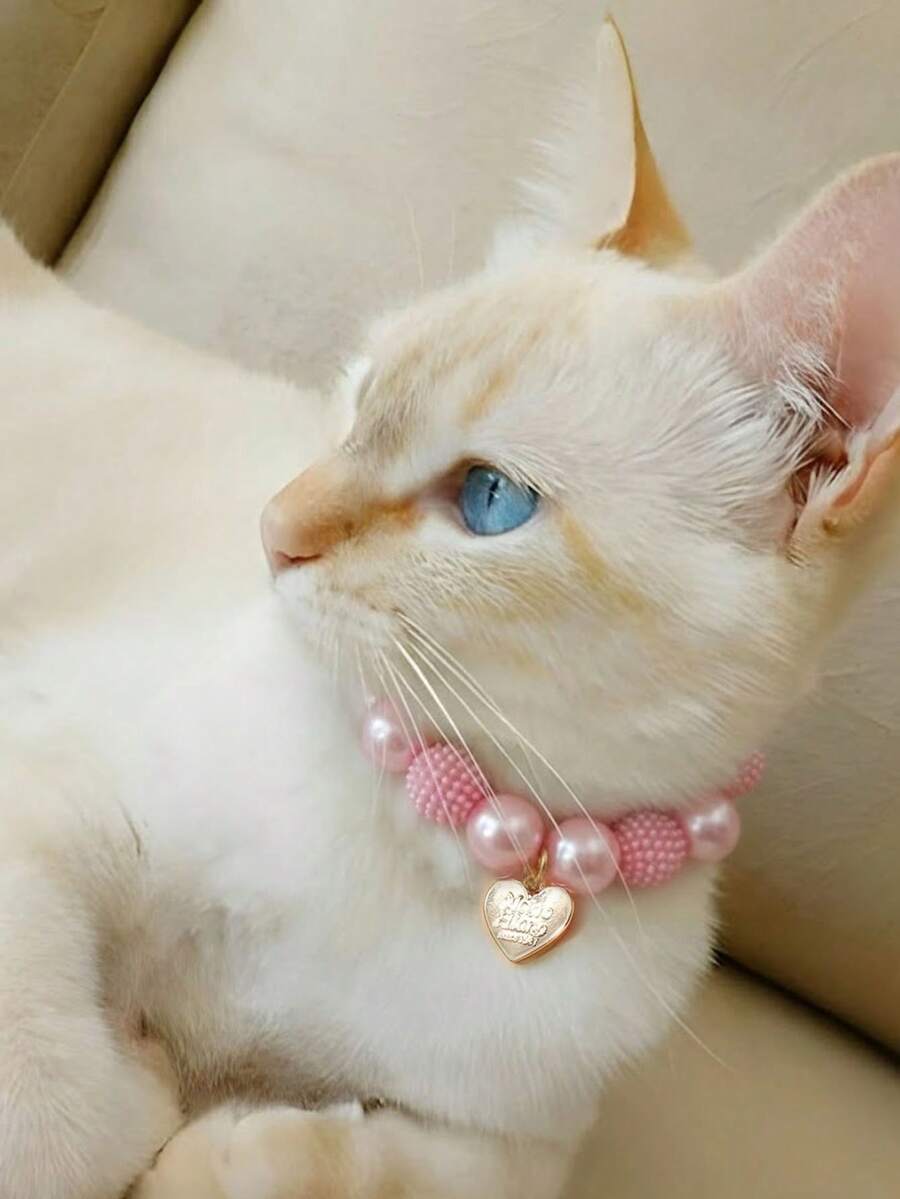 1件宠物/猫/狗爱心吊坠珍珠项圈，复古粉色珍珠项链，优雅/可爱，珍珠吊坠，饰品，珍珠项链，奢华宠物饰品，宠物礼物，婚礼宠物饰品 - 粉色 - 查看 1