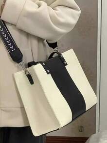 2026 New Minimalist Japanese Style Black & White Canvas Tote Bag, Large Capacity Student/Commute Shoulder Bag - Black and White - View 3