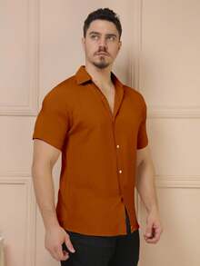 YLF MODAS Men's Short-Sleeved Button-Down Dress Shirt - Plain - Brown - View 8