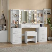 Yanosaku 59'' W Large Vanity Desk With Lights And Mirror, White Makeup Vanity With Power Outlet, 8 Drawers & 2 Cabinets, 3 Lighting Modes Brightness Adjustable, Glass Top Vanity With Chair For Bedroom - Xem 3