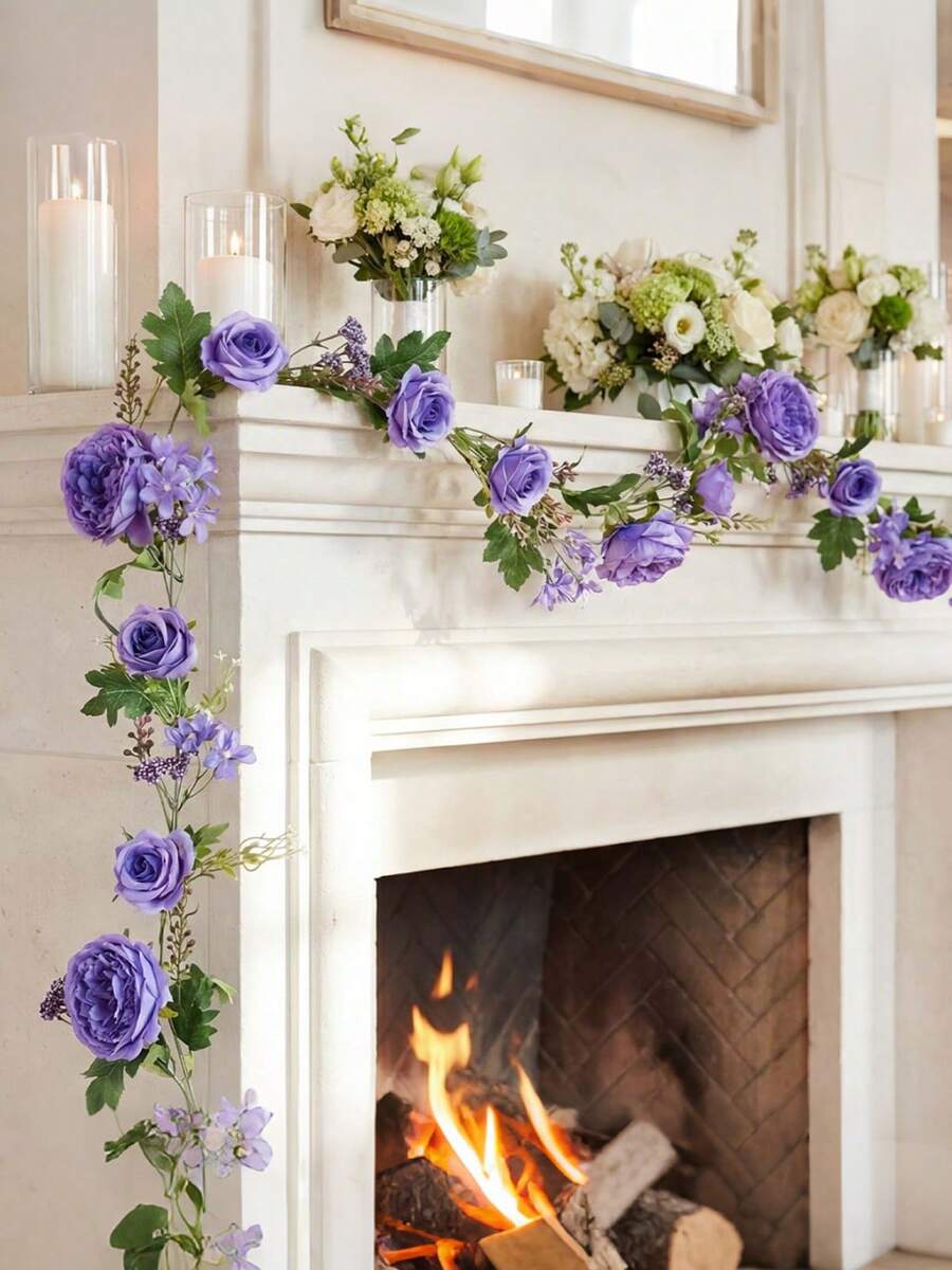 Artificial Peony Flower Garland, 5.9ft Romantic Blooms Garlands, Floral Vine For Wedding Table Runner, Elegant Arch & Fireplace Mantle Decor, Vintage Centerpiece For Bridal Shower & Home Party - 深紫色 - 查看 1