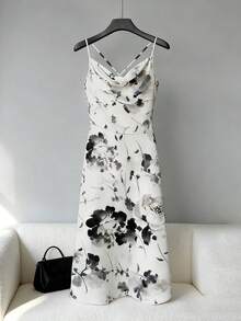 女士通勤休闲亚麻混纺单排扣七分袖西装外套和印花无袖中长连衣裙套装 - 杏色 - 查看 5