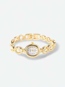 Opalesca 1pc Ladies' Elegant Round Pearl Chain Watch, Oval Metal Case, Fashionable & Graceful Quartz Watch - White - View 4