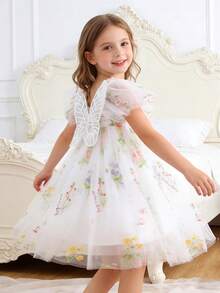1pc Young Girl Cute Elegant Princess Butterfly & Floral 3D Decor Cap Sleeve Embroidery Tulle Tutu Party Dress, Beach Holiday Outfit, Spring/Summer/Autumn - White - View 2