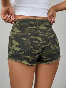 Quần short denim dáng ôm cạp thấp, họa tiết rằn ri, gấu quần rách, thích hợp cho kỳ nghỉ hè. - Màu Khaki - Xem 5