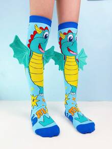 1 Pair Kids Over-The-Knee Socks, Featuring Cute Dinosaur Pattern Design With 3D Wing Decor. Children's Socks, Crazy Socks, Fun Socks, Suitable For All Seasons. They Make Perfect Gifts For Crazy Day, Kids Parties, Valentine's Day, Easter, Holidays, Outdoor Activities And Everyday Wear. - Baby Blue - View 7