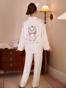 2pcs Disney Marie Cat Print Cotton Long Sleeve Pajama Set For Women, Spring & Autumn - White - View 2