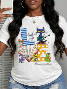 Love Teacher Life Cat And Friends Graphic T Shirt For Women Cute Cartoon Design With Books And Music Elements #Teacherlife Printed White Tee - trắng - Xem 2