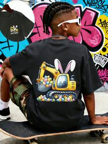 Camiseta con estampado de excavadora con orejas de conejo para niño preadolescente, adecuada para uso festivo, uso casual, uso urbano, top de verano de moda para niños. ¡Regalo de Pascua ideal para niños, atuendo perfecto para celebrar la Feliz Pascua! - Gris Oscuro - Ver 3