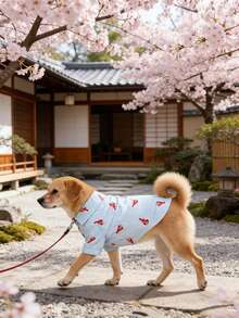 条纹龙虾印花猫咪衬衫，轻盈透气的春夏狗狗服装 - 淺藍色 - 查看 7