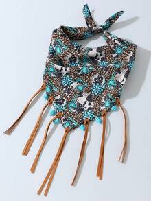 1pc Western Style Women's Fashion Cowgirl Leopard Print & Turquoise Flower Printed Scarf - Comes With Turquoise Pendant Accessory, Western Cowgirl Versatile Neckerchief Scarf - Multicolor - View 5