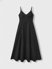 QUNGIGU Women's Elegant V-Neck Midi Dress, Linen Texture A-Line Backless Slip Dress, Suitable For Beach, Wedding, Cocktail Party - Black - View 4