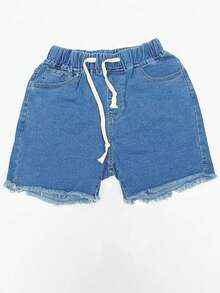 Solid Mid-Stretch Denim Bermuda Shorts, Frayed Hem Drawstring Elastic Waist Comfy Summer Beach Jean Shorts, Casual School & Daily Wear, Vacation Cowgirl Style, High Elasticity For All-Day Comfort - Blue - View 7