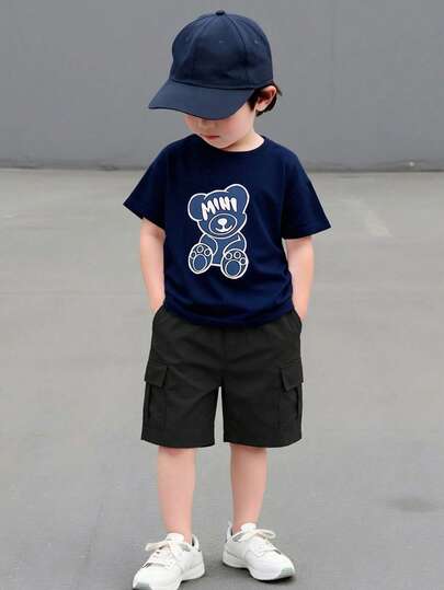 1pc Boys' Solid Color Casual Pocket Polyester Cargo Shorts, Suitable For 4-7 Years Old, Spring/Summer/Autumn