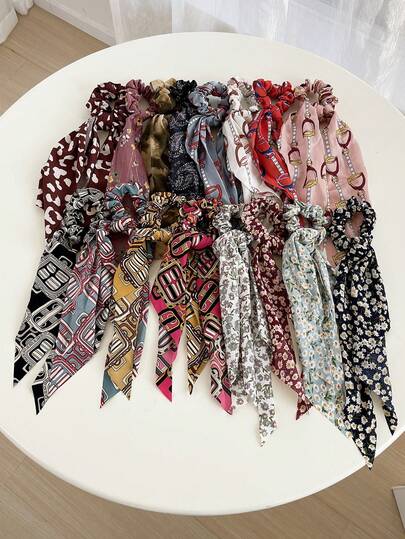 4pcs Assorted Ribbon Hair Scrunchies Set! Cashew Flower / Ditsy Floral / Retro Print High Elasticity Hair Ties