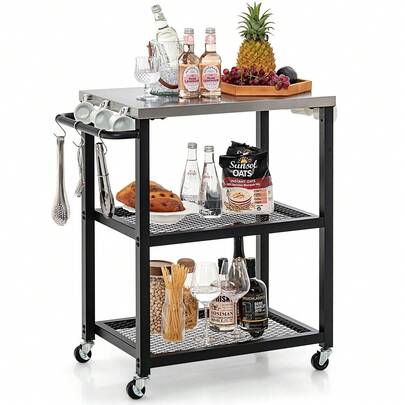  COSTWAY 3-Tier Foldable Outdoor Cart On Wheels, Stainless Steel Food Prepare Dining Cart Table, BBQ Table W/ Hooks & Tissue Holder, Movable Home And Outdoor Multifunctional Flattop Worktable, Black