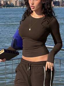 Elegant Versatile Women's Solid Color Round Neck Long Sleeve Ruched Fitted T-Shirt, Suitable For Summer And Autumn/Winter Seasons Spring Casual - Coffee - View 2