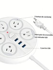 MOREKA This Multifunctional Power Strip Is Ideal For Home And Office Use. It Features 5 Power Outlets, 3 USB Charging Ports, Surge Protection, Power Control, And A Long Cable. - White - View 2
