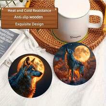 6pcs Wooden Wolf Coffee Cup Coasters, Suitable For Home, Cafe, Afternoon Tea, Theme Party Decoration, Car And Racing Cup, Unique Gift Set, Desktop Decor, Home Decor, Party Favor, Birthday Gift, Holiday Gift, For Family, Lover, Friends, Colleagues, Available In 1 Set, 2 Sets Or 3 Sets - Multicolor - View 3