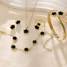 一套时尚金属五叶草花朵手链、项链、耳环、戒指、手镯，优雅女士首饰套装 - 五葉花款 - 查看 7