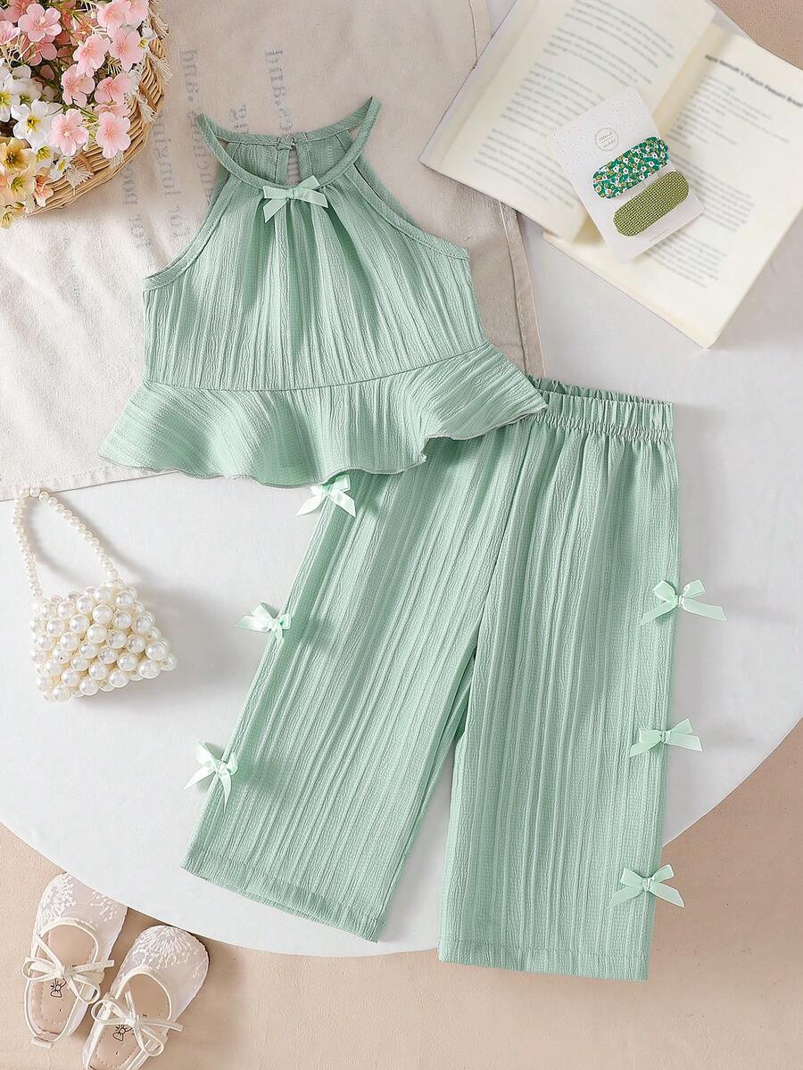 Baby Girls' Solid Color Spaghetti Strap Bowknot Ruffle Hem Top And Straight Leg Pants 2 Piece Outfit, Suitable For Daily Outings In Spring/Summer