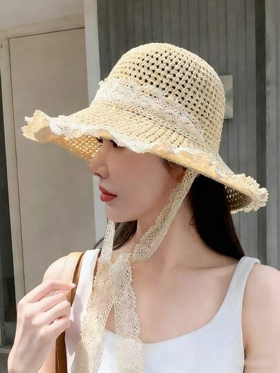 女士可折叠钩编蕾丝珍珠草帽 - 宽檐夏季沙滩帽，带松紧带，透气轻便，适合户外旅行、日常休闲、海滩度假、夏季摄影