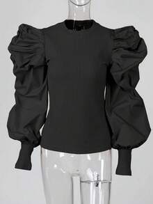 Crew Neck Fitted Puff Sleeve Splice Women Clothing Black Spring - Black - View 5