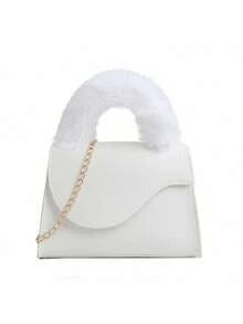 1个女童毛绒手提包，白色蓬松链条单肩包，外出理想之选 - 白色 - 查看 9