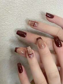 30pcs Short Ballet-Style Nails, Elegant Burgundy Color With Red Nail Edge, Glossy Striped Design, Suitable For Daily, Party, Date, Work And Other Occasions. Wearing Them Will Showcase Your Graceful Charm, An Excellent Choice To Enhance Your Appeal. Nail Art Supplies, Acrylic Nail Stickers, Short Nails, Duck Nails, Red Nails, Acrylic Nail Kit, Nail Art, Ballet-Shaped Nails, Press-On Nails - Multicolor - View 2
