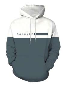 2pcs/Set Setelan Pria Ukuran Besar Kasual Warna Kontras Hoodie & Celana Olahraga dengan Huruf "BALANCE", Pakaian Olahraga Longgar Gaya Streetwear Musim Semi - Dusty Blue - View 3
