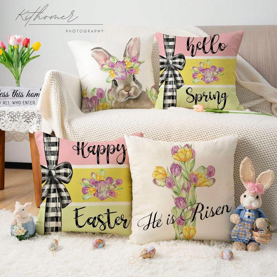 4件套复活节兔子抱枕套，春日乡村风格，饰有十字架、郁金香和复活节花卉图案，单面设计，不含枕芯。 - 彩色 - 查看 1