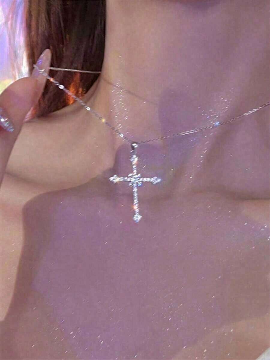 1pc Full Diamond Star Shaped Cross Pendant Necklace For Women – Fashionable Rhinestone Style Jewelry, Perfect For Parties, Gift Idea, Lightweight And Sparkling Accessory - 1 - 查看 1