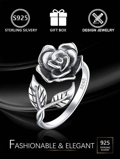 1pc S925 Sterling Silver Vintage 3D Rose Ring, Unique Distressed Floral Leaf Open Design, Suitable For Daily Wear, Dates, Festivals, Romantic Gift For Girlfriend Or Best Friend, Gift Box