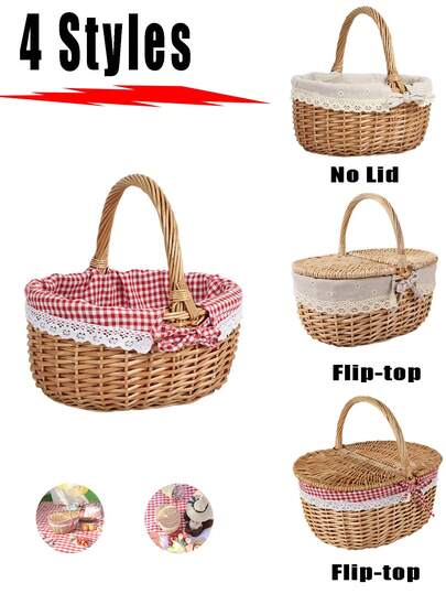 1PC Handwoven Willow Picnic Basket With Handle And Double Lids, Suitable For Storing Food, Fruits, Holidays, Camping, Shopping, Home Decor. Made Of Pure Natural Handwoven Willow, Slight Color Difference May Exist Due To Growth Factors, But Does Not Affect Aesthetics And Usability. Please Purchase With Confidence.