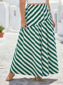 Falda larga elegante y de talla grande con rayas, falda de línea A verde y blanca para el estilo de falda de verano, tela tejida para un aspecto fluido de primavera - Verde - Ver 6